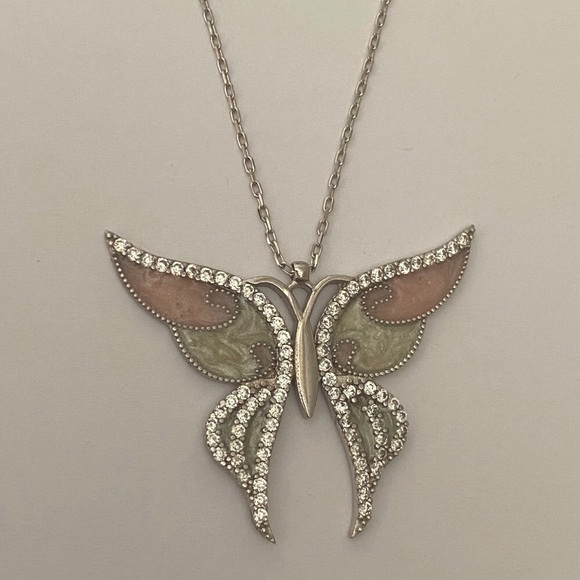 Jewelry - 925 Silver handmade butterfly pink enamel necklace clear cubic zirconia stones